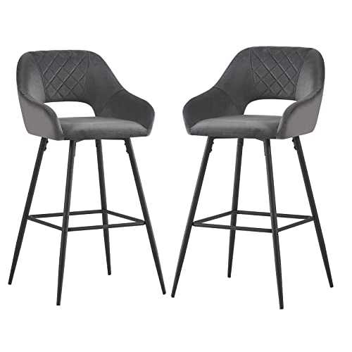 JaHECOME Bar Stools Set of 2 Grey Velvet Padded Bar Chairs with Footrest Armrest Kitchen High Stools Supported Black Metal Legs for Breakfast Bar, Counter, Kitchen and Home