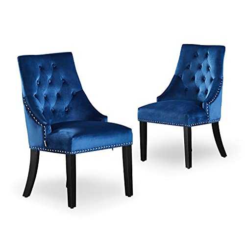 P&N Homewares - Windsor Chair - Dark Blue (2 SET) | Tufted Velvet Fabric | Door Knocker | Studded | Dining Chair | Upholstered Accent Side Chair | FREE NEXT DAY DELIVERY…
