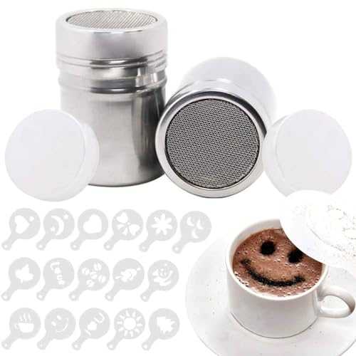 2pcs Powder Shaker, BetterJonny Stainless Steel Chocolate Shaker Power Can with Fine-Mesh Lid for Baking Cooking Home Restaurant with 16 Pcs Cappuccino Coffee Barista Stencils