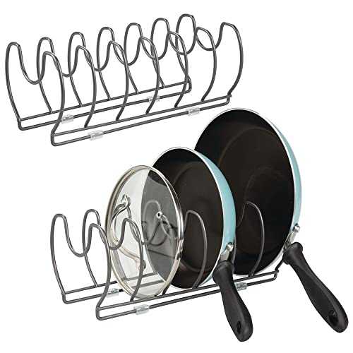 mDesign Metal Wire Pot/Pan Organizer Rack for Kitchen Cabinet, Pantry Shelves, 6 Slots for Vertical or Horizontal Storage of Skillets, Frying or Sauce Pans, Lids, Baking Stones, 2 Pack - Graphite Gray