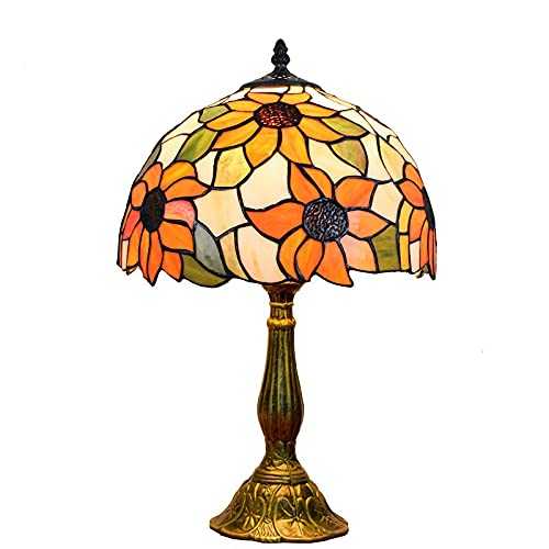 Tiffany Style Sunflower Lamps W12H18 Inch Handmade Stained Glass Lampshade with Antique Brass Finish Metal Lamp Base Table Lamp for Kids Room Bedroom Study Bookcase Desk Light,Sunflower Button