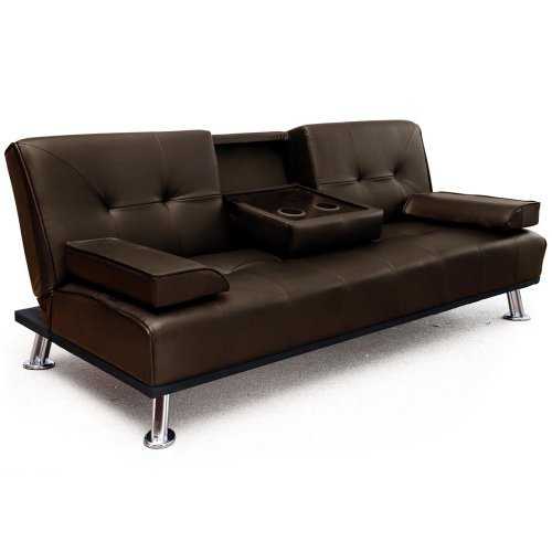 Modern "Cinema" Faux Leather 3 Seater Sofa Bed With Drinks Table (Brown 12001-02)