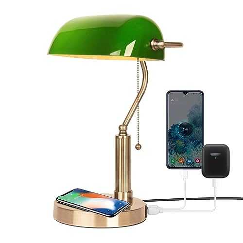 FIRVRE Green Glass Bankers Desk Lamp Reading E27 Classic Retro LED Table Lamp with Wireless Charging USB Port Vintage Brass Pull Chain Switch Nightstand Bedside Light for Home Office Bedroom…