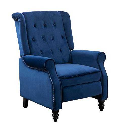 Huisen Furniture Single Living Room Recliner Chair Navy Blue with Footrest Vintage Wing Back Armchair Velvet Bedroom Adjustable Push Back Reclining Chairs Sofa Chair Fabric Upholstered