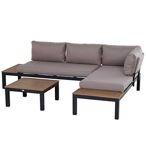 Outsunny 3 PCs Garden Outdoor Sectional Corner Sofa Lounge and Coffee Table Set Aluminium Frame with Cushions Patio Furniture