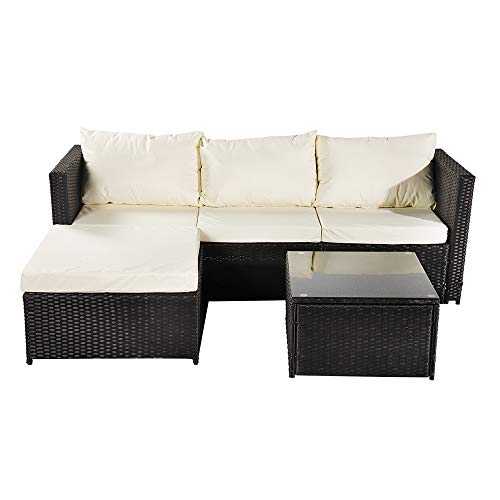 Bonnlo 3 Piece Rattan Garden Furniture with Tempered Glass Table, Outdoor All-Weather Rattan Sofa Set for Garden, Poolside and Porch (White)