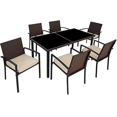 TecTake 800663 - Set 6 chairs and 1 Table, Poly Rattan Garden Dining, Aluminium, Stainless Steel Screws (Brown | No. 403028)