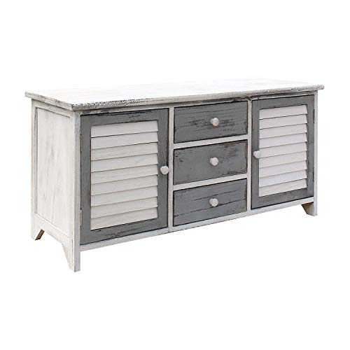 Rebecca Mobili Low Sideboard Tv Cabinet 2 Doors 3 Drawers Wood White Gray Vintage Style Living Room Entrance - 44 x 90 x 34 cm (H x W x D) - Art. RE6080