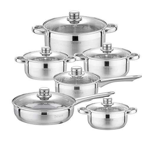 Velaze Cookware Set, Series Motti, 12-Piece Stainless Steel Pot & Pan Sets, Induction Safe, Saucepan, Casserole, Casserole, pan with Glass lid (Set of 12)