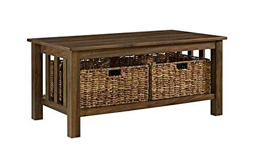 Eden Bridge Designs Mission Style Two Tier Coffee Table with Rattan Storage Baskets, Wood, Dark Walnut, 40 Inch