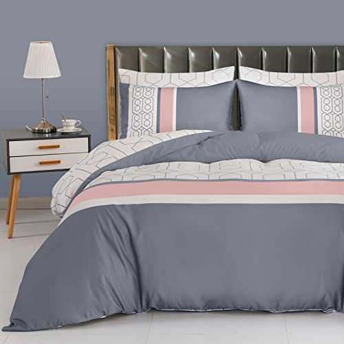 Pamposh King Size Bedding Set Grey & White Doublesided Duvet Cover Set 3 PCS With Pillowcases Ultra Soft Anti Allergic Non Iron Luxury Microfiber (Grey, King (220 x 230 cm))
