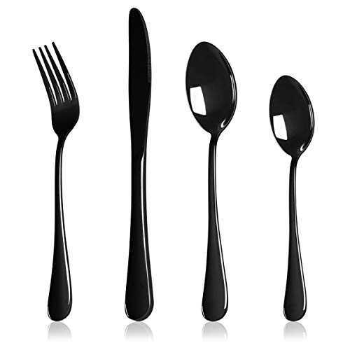 24 Piece Black Cutlery Set Flatware Sets, HaWare Stainless Steel Silverware with Knife Spoon Fork, Service for 6, Mirror Finish, Dishwasher Safe (Black, 6 Sets)