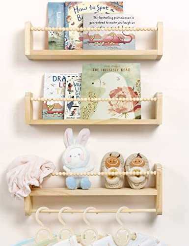 Maxpeuvon Nursery Book Shelves for Wall, Set of 3 Bookshelf Nursery Decor Natural Wood Wall Mounted Organizer with Towel Bar Hanging Floating Bookshelves for Kids Room, Bedroom and Kitchen