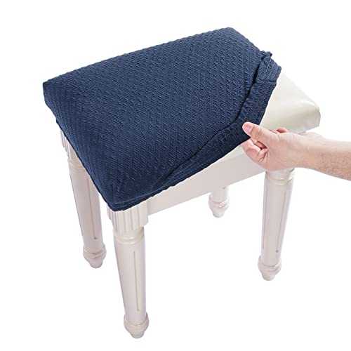 BUYUE Luxury Vanity Bench Cover, (15"- 20") L x (11.8"- 15.7") W Stretch Jacquard Washable Rectangle Dining Stool Slipcover (XS, Navy Blue)