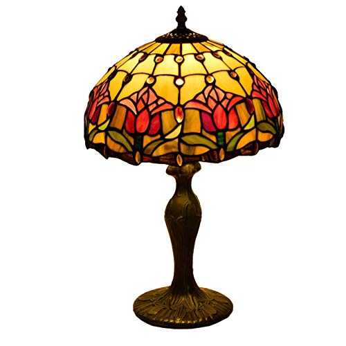 Lamp Tiffany Style Table Lamp, Desk Bedroom Reading Bankers Lamp, Nightstand Accent Lamp, 12" Tulip Stained Glass Crystal Lampshade, Red Yellow Mission Living Room Lamp