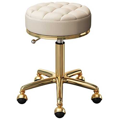 HuanAi Round Seat Rolling Chair Beauty Salons Office Swivel Bar Stools with Gold Metal Steel 5 Claws and Earth Wheels, Adjustable 47-64 cm(Color:White)