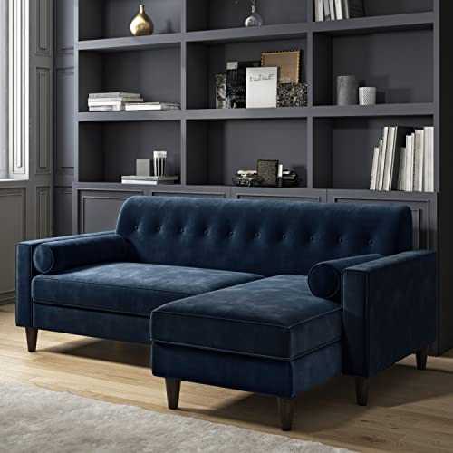 Idris Right Hand Facing Navy Blue Velvet Corner Sofa with Bolster Cushions - Seats 3