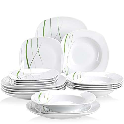 VEWEET 'Aviva' 18-Piece Dinner Set Ivory White Combination Sets Green Lines Porcelain Plates Set of 9.75" Dinner Plate, 7.5" Dessert Plate, 8.5" Soup Plate Service for 6