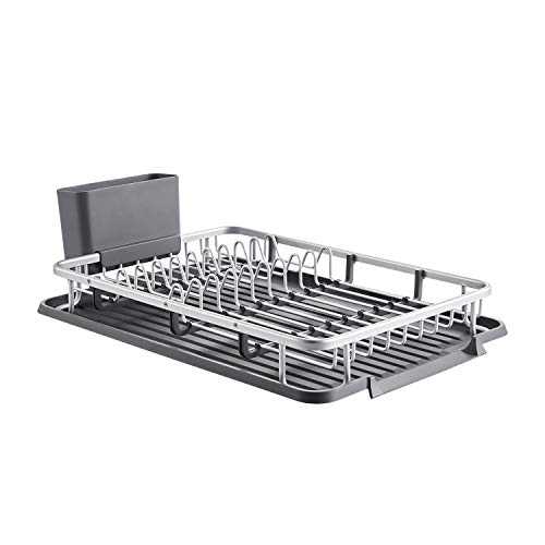 Kingrack Aluminum Dish Drainers,Compact Dish Drying Rack with Removable Drip Tray,Utensil Holder, Draining Board, Grey Dish Rack Drainers for Small Kitchen Countertop
