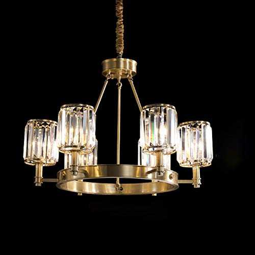 SILJOY 6 Light Crystal Chandelier with Round Crystal Strip Lampshade Classic Pendant Light Brass Classic Gold Adjustable Ceiling Light for Dinning Room Living Room Bedroom D73CM