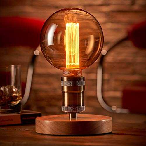Auraglow Mysa Vintage Retro Wooden Round Base Mechanical Twist Switch Brass Table, Desk or Bedside Lamp/Light - with G125 LED Bulb