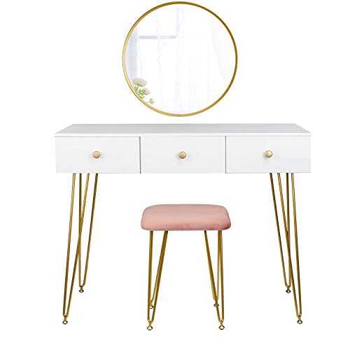 EUGAD White Dressing Table with Velvet Pink Stool Wall Mount Mirror Set with 3 Drawers Under the Makeup Bedroom Desk Dresser Set Hairpin Legs