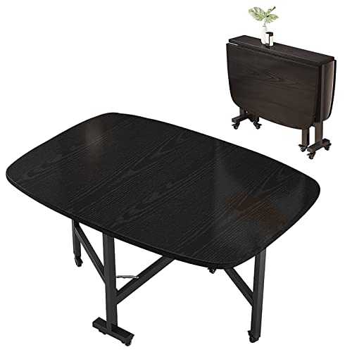 HIGAOQS Drop-Leaf Foldable Table, Folding Kitchen Table Wood Rectangular Dining Table Round Edge Design Saving Space Drop Leaf Tables with Moveable Wheels (Black,100 * 60cm)