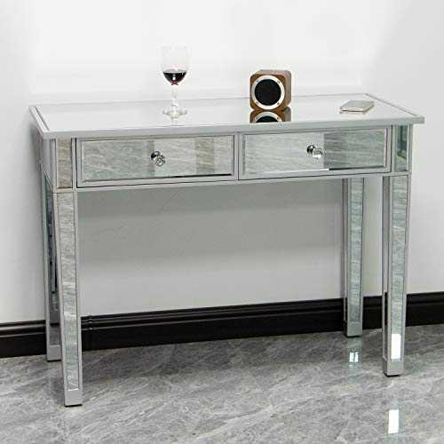 Guyanee Mirrored Console Table, Vanity Dressing Table Desk with 2 Drawers, Entryway Mirrored Vanity Makeup Table, Media Console Table for Women, Silver Glass Finish Writing Desk