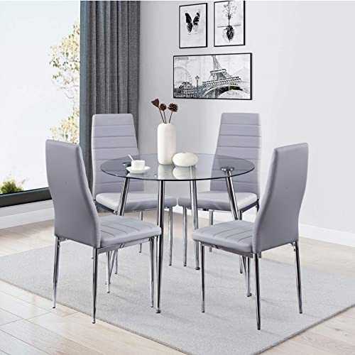 GOLDFAN Round Glass Dining Table and 4 Chairs Chrome Kitchen Table and Stylish Faux Leather Dining Chairs 5Pcs Dining Room Sets,90CM/Grey