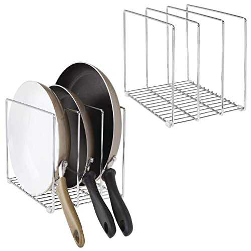 mDesign Metal Pan Rack – Compact Kitchen Storage for Pans and Lids – Space-Saving Metal Rack with 3 Slots for Pans, Chopping Boards and More – Set of 2 – Silver