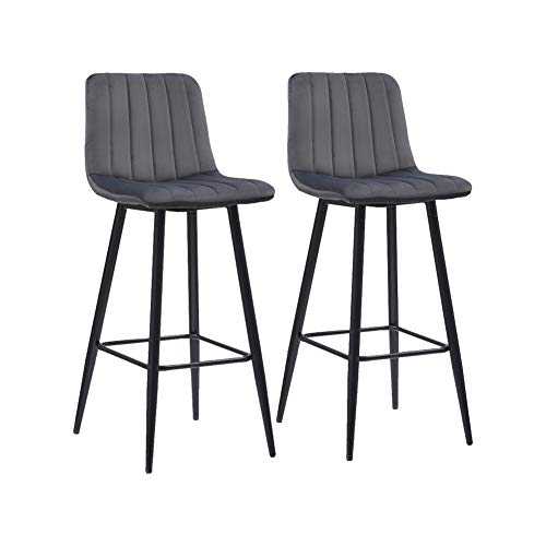 CLIPOP Bar Stools Set of 2 Soft Velvet Breakfast Bar Chairs with Backrests and Matt black Metal Legs,2 PCS Grey Kitchen Counter High Bar Stools