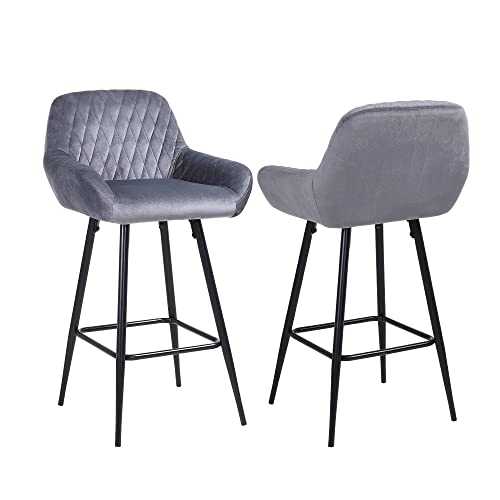 ralex-chair Bar Stools Set of 2 Grey Velvet Fabric with Backrest and Armrest, High Stools Supported Black Metal Legs Breakfast Counter Chairs for Bar, Counter, Kitchen, Home and Commercial Use