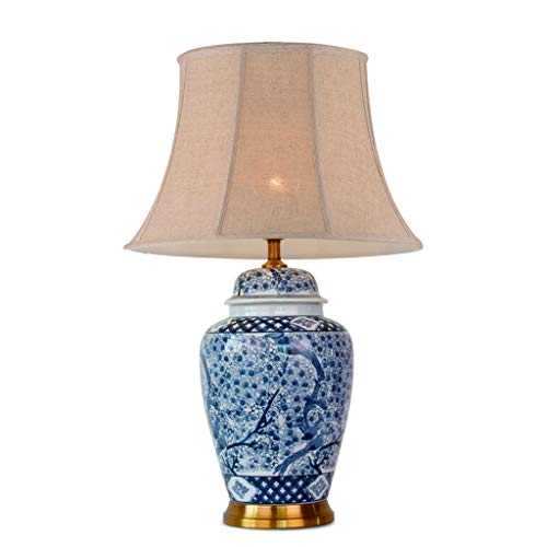 Bedside Table Lamp Asian traditional Chinese ceramic table lamp blue and white jar retro bedside table lamp linen drum lampshade bedroom study living room table lamp Desk Lamp (Color : Brown)
