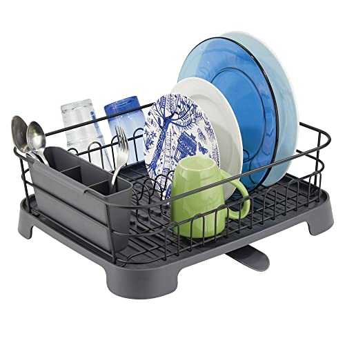 mDesign Dish Drainer with Drip Tray - Metal Dish Rack with Plastic Draining Tray - Cutlery Holder, Dish Drainer Tray and Plate Rack for The Kitchen - Matte Black/Slate