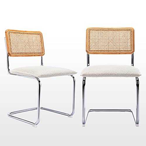 Zesthouse Mid-Century Modern Dining Chairs, Accent Kitchen Chairs with Rattan Mesh Back, Armless Side Chairs, Upholstered Desk Chairs with Metal Chrome Legs, Set of 2, White