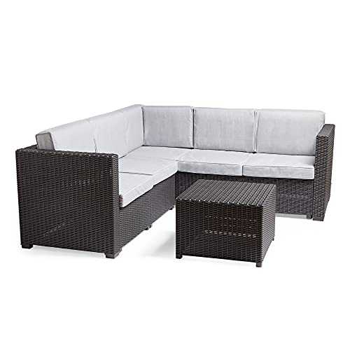 VonHaus Rattan Effect Garden Furniture Set – 6 Seater L-Shaped Outdoor Corner Sofa with Table and Cushions – All Weather Material - for Patio, Decking, Balcony, Conservatory – Graphite Grey