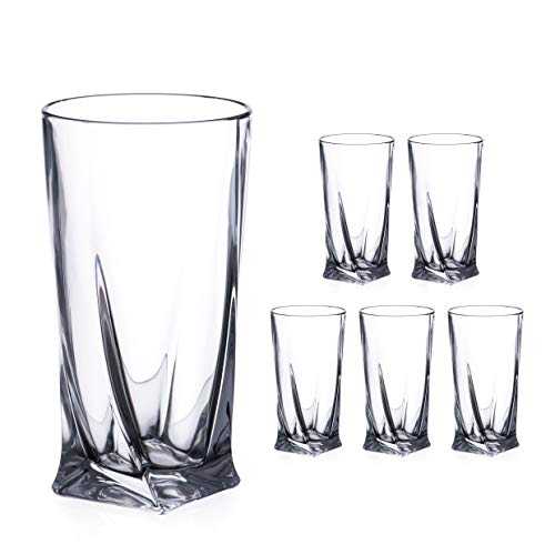 Quadro Hi Ball, Water, Juice, Long Drink, Cocktail or Gin and Tonic Glass Made from Premium Lead Free Crystal - Set of 6 Glasses - 350ml
