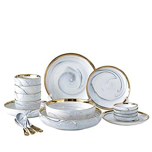 FGVBC Pottery tableware,Phnom Penh Marble Ceramic Dinner Set Of 12 Pieces Porcelain Round Dinner Plate Spoon