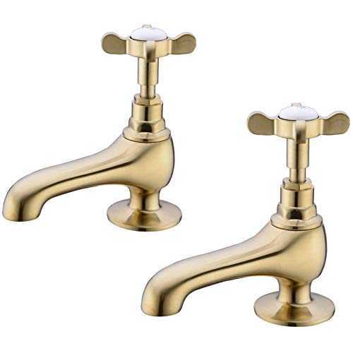 TRUSTMI 1/2 CD Solid Brass Basin Pillar Taps Traditional Bathroom Cock Hot and Cold Sink Bath Tub Tap, Brushed Gold