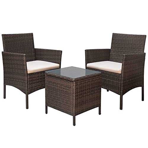 Devoko Rattan Bistro Set Garden Rattan Furniture Sets 2 Seater Patio Chair with Waterproof Table Outdoor Conversation Set(Brown)
