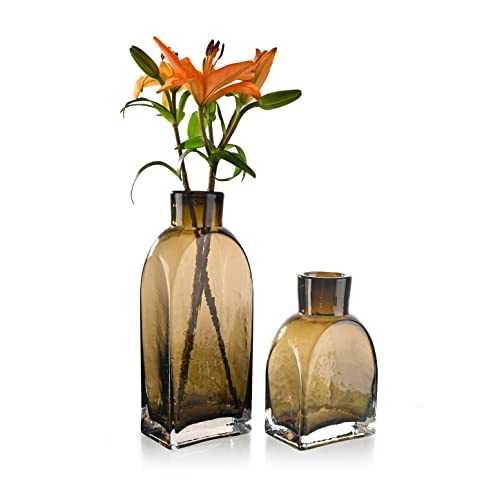 TERESA'S COLLECTIONS Amber Modern Glass Vases Set of 2, Tealight Mouth Blown Handmade Cube Jar for Flowers with Thick Weighted Body for Living Room Decoration, Mantel, Dining Table,H10.4/6.9"