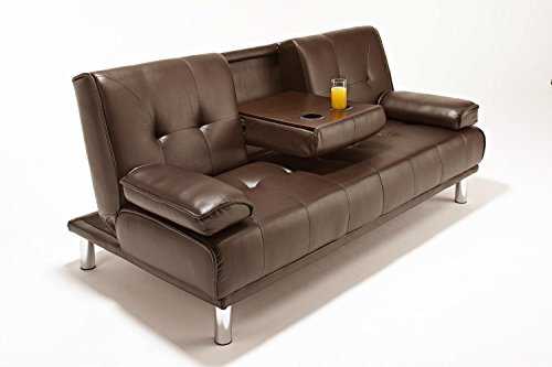 BTM fashion Modern Venice Faux Leather Folding 3 Seat Sofa Bed with Fold Down Living Room Furniture Table Drinks Holder and Chrome Feet (Brown)