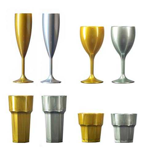 Remedy Polycarbonate Gold and Silver Party Drinkware Set with 48x Champagne Flutes, 48x Wine Glasses and 48x Hiball Tumblers 48x Short Tumblers (Set of 192)