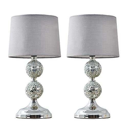Pair of - Modern Decorative Chrome & Mosaic Crackle Glass Table Lamps with a Grey Shade