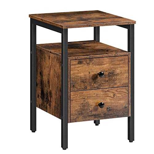 HOOBRO Bedside Table with 2 Drawers, Industrial Sofa Side End Table, Nightstand, End Table with Storage Shelves, for Living Room, Bedroom, Accent Furniture, Easy Assembly, Rustic Brown EBF43BZ01G2