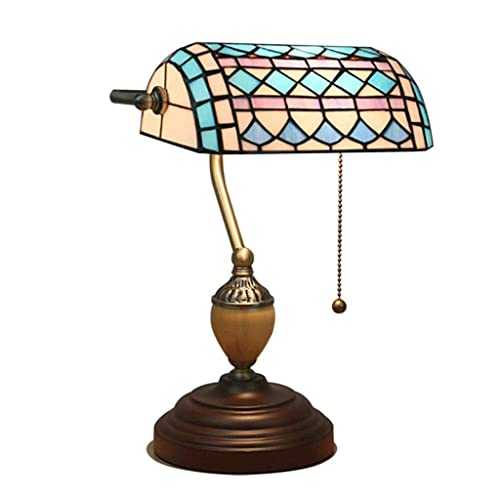Traditional Antique Brass Bankers Table Lamp,Vintage Turkish Mosaic Glass Desk Lamp， for Living Room Bedroom
