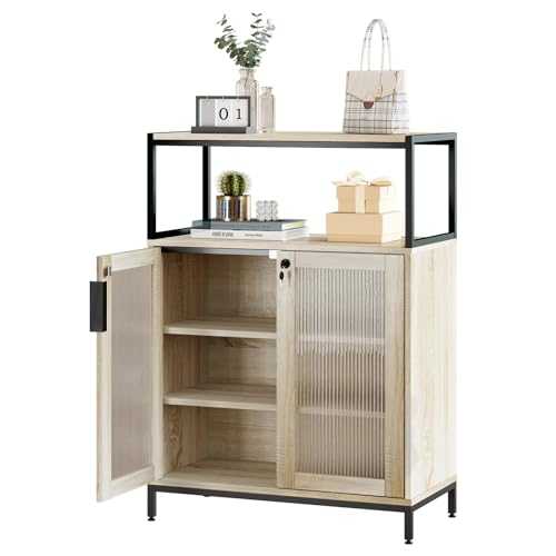 TREETALK Storage Cabinet, Sideboard Cabinet with Decorative Glass Doors and Adjustable Interior Shelves, Buffet Cabinet with Open Top Shelf for Entryway Living Room Light Oak