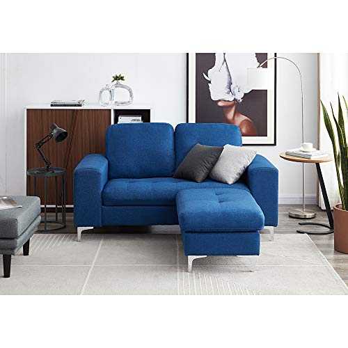 2 Seater Sofa L Shaped Sofa with Footstool Linen Fabric Corner Sofa Couch Lounge Sofa In Blue Left or Right Chaise Settee for Living Room Home Office (2 Seater with Footstool)