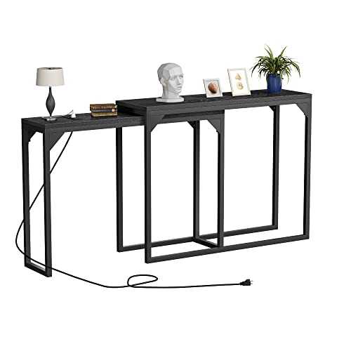 AISUNDY Console Table with Power Outlet & USB Ports, 78.6 Inch Narrow Extra Long Sofa Table Set, Black Entryway Table Behind Sofa Couch, Industrial Hallway Table Nesting Side Table Set