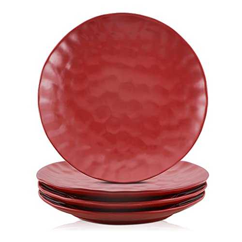 Vicrays Dinner Plate Set of 4, 10.5 Inch(26.7 cm ), Round, Microwave, Oven, Dishwasher Safe, Scratch Resistant, Porcelain Fluted Suitable for Steak, Pasta, Pizza, Home, Party, Restaurant (Red)